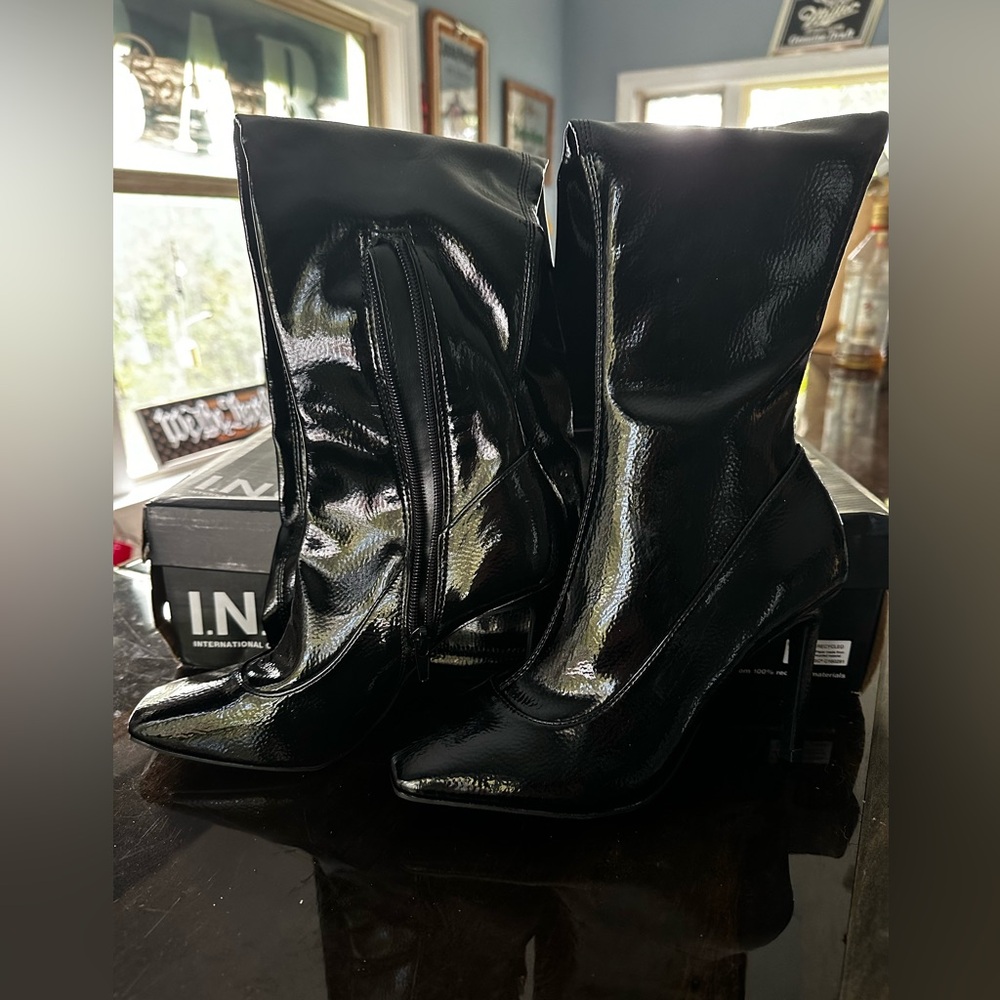 INC International Concepts Shiny Black Heeled Boots
